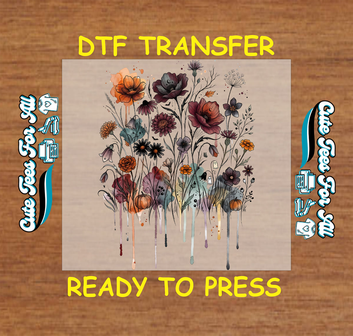 Botanical Halloween design featuring burgundy, orange, mauve, and teal wildflowers with small ghosts, pumpkins, fine black stems, and paint drips.