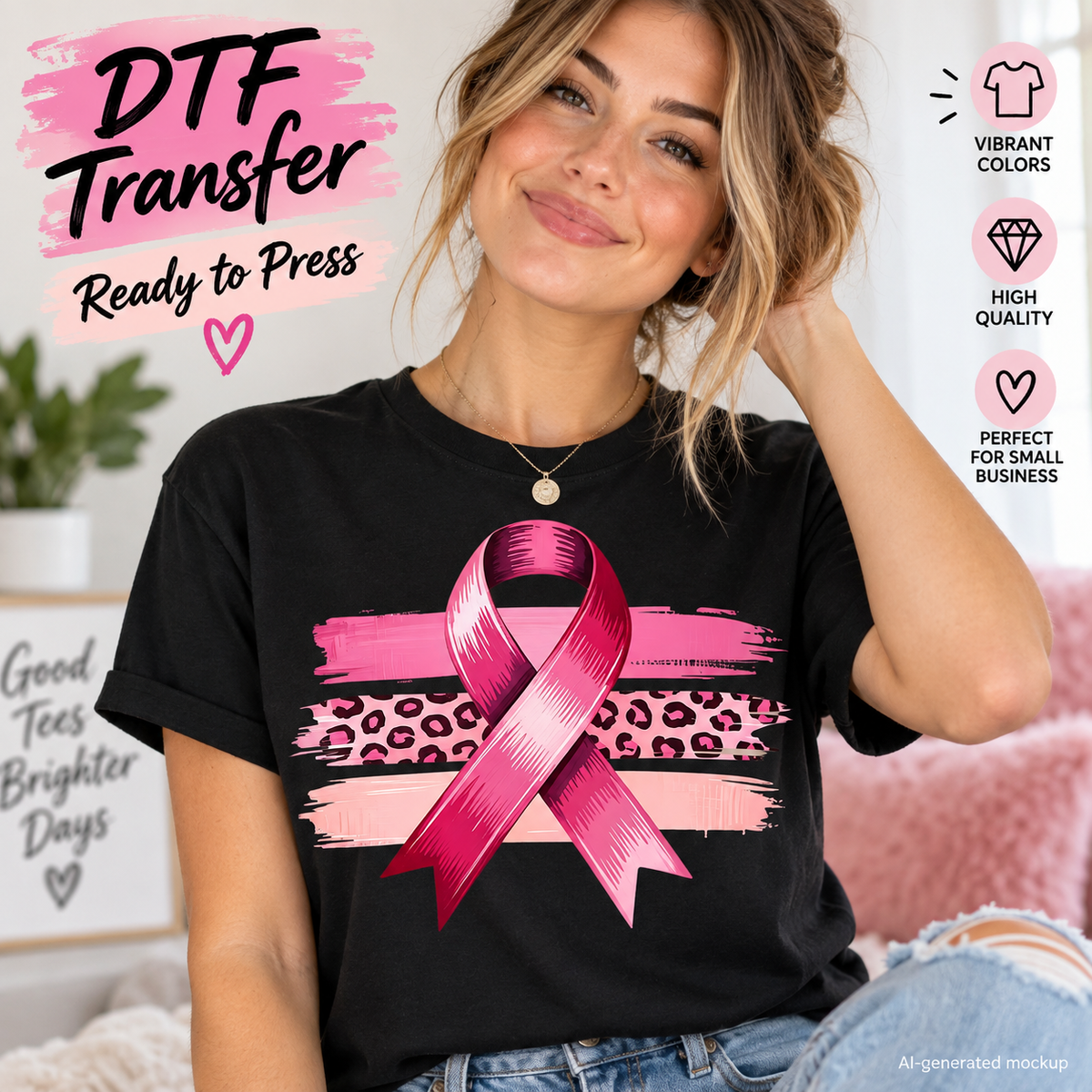 AI-generated mockup of a woman wearing a black T-shirt with a large pink awareness ribbon over pink and leopard-print brushstrokes.