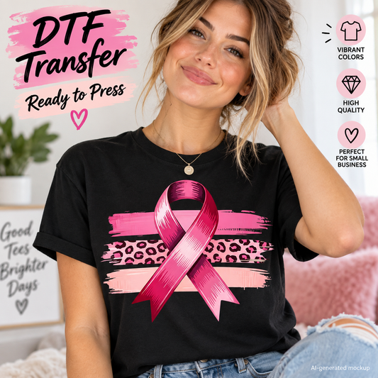 AI-generated mockup of a woman wearing a black T-shirt with a large pink awareness ribbon over pink and leopard-print brushstrokes.
