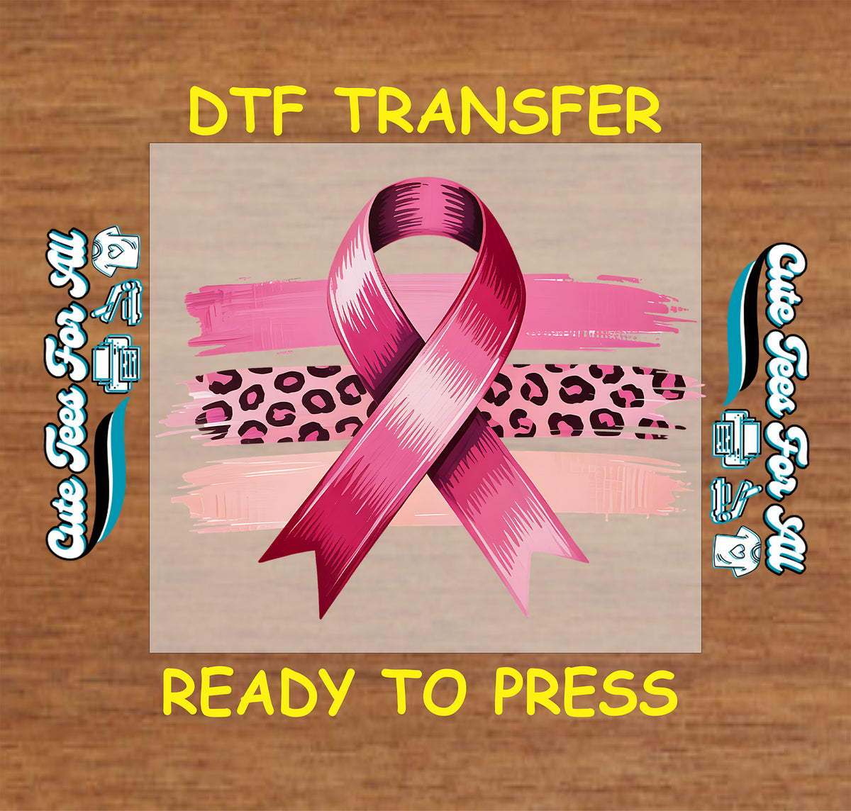 Pink breast cancer awareness ribbon layered over three horizontal brushstrokes in hot pink, pink leopard print, and blush.