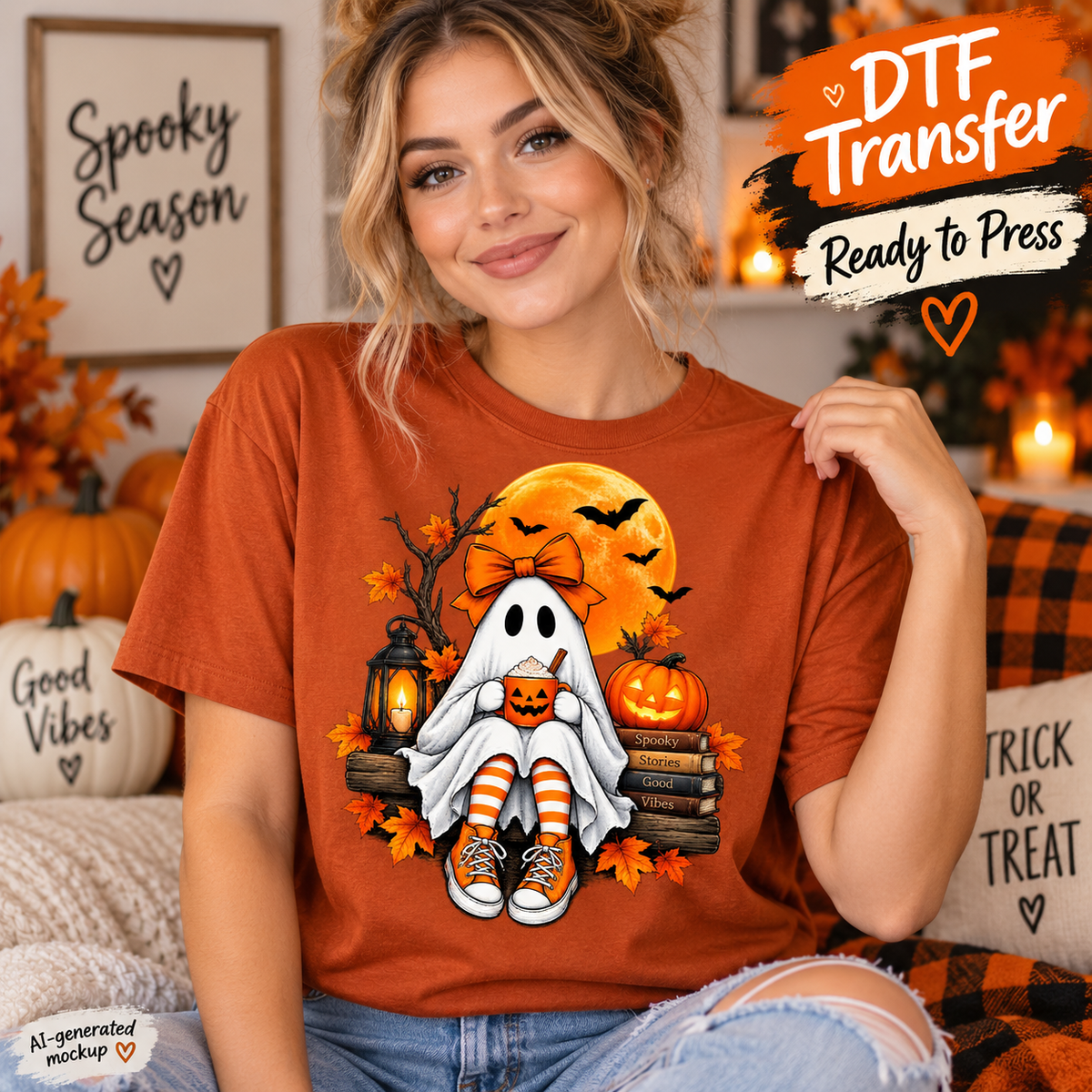 AI-generated mockup of a woman wearing a burnt orange T-shirt with a cozy ghost holding a pumpkin mug beside books, a lantern, and a jack-o’-lantern.
