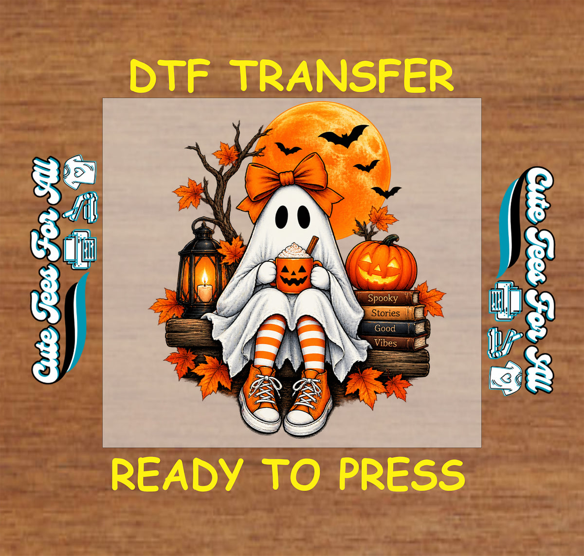 Ghost with an orange bow, striped stockings, and sneakers holding a pumpkin mug, surrounded by books, a lantern, fall leaves, bats, and an orange moon.