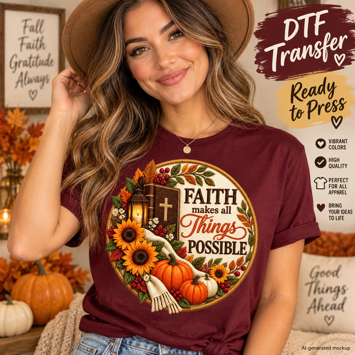 AI-generated mockup of a woman wearing a burgundy T-shirt with a circular fall faith design featuring pumpkins, sunflowers, a Bible, and a lantern.