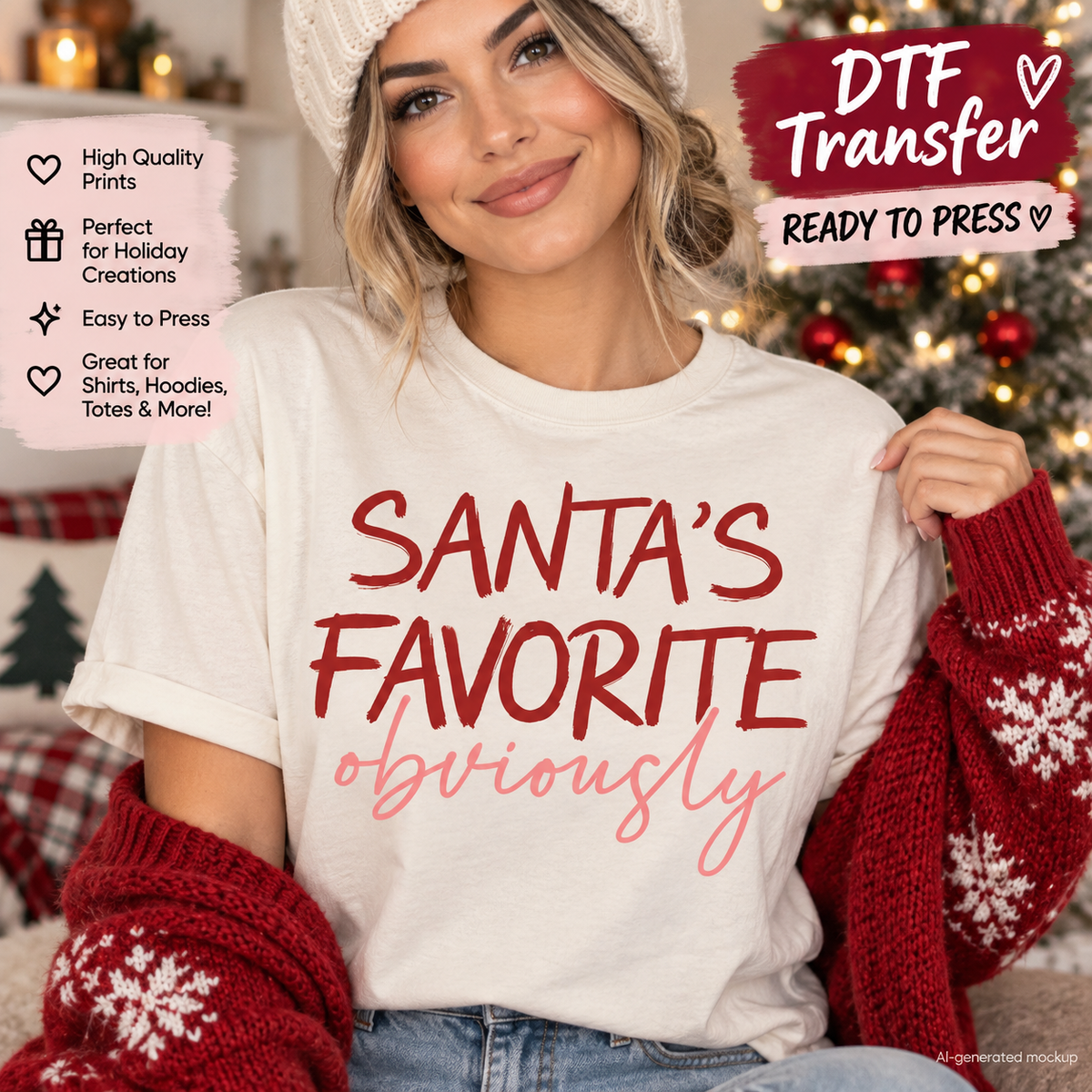 AI-generated mockup of a woman wearing a cream T-shirt with red and pink “Santa’s Favorite obviously” lettering and a red holiday cardigan.