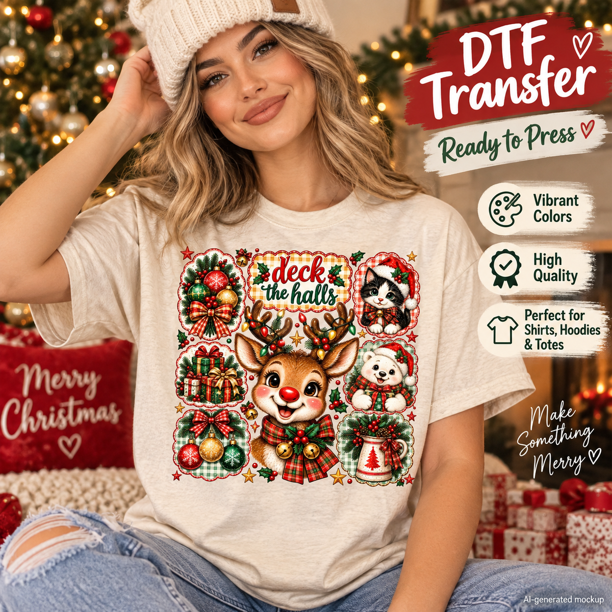 AI-generated mockup of a woman wearing a cream T-shirt with a Deck the Halls Christmas collage featuring a reindeer, kitten, bear, gifts, and ornaments.