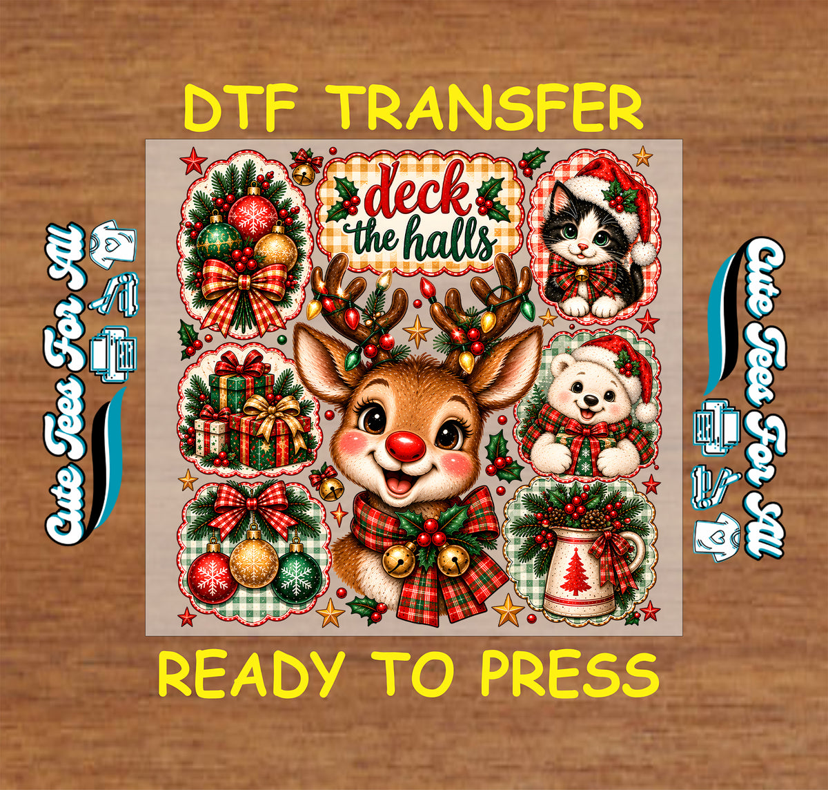 Deck the Halls Christmas collage with a red-nosed reindeer, Santa-hat kitten and bear, ornaments, presents, greenery, and scalloped gingham frames.