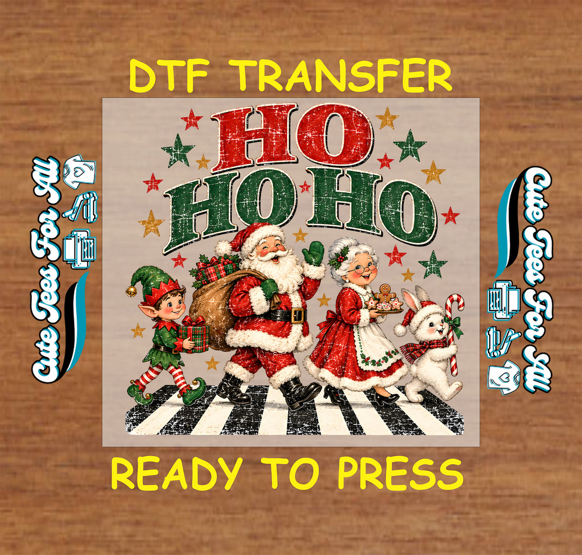Vintage-style Ho Ho Ho Christmas design featuring Santa, Mrs. Claus, an elf, and a white bunny walking on a striped path beneath colorful stars.