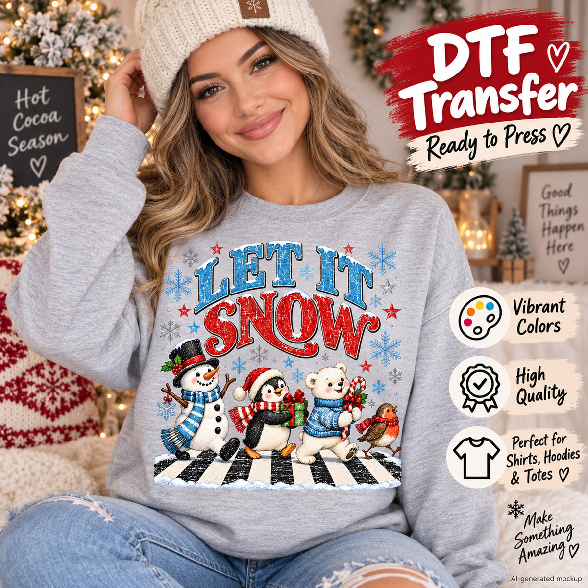 AI-generated mockup of a woman wearing a gray sweatshirt with Let It Snow lettering above a snowman, penguin, polar bear, and bird.