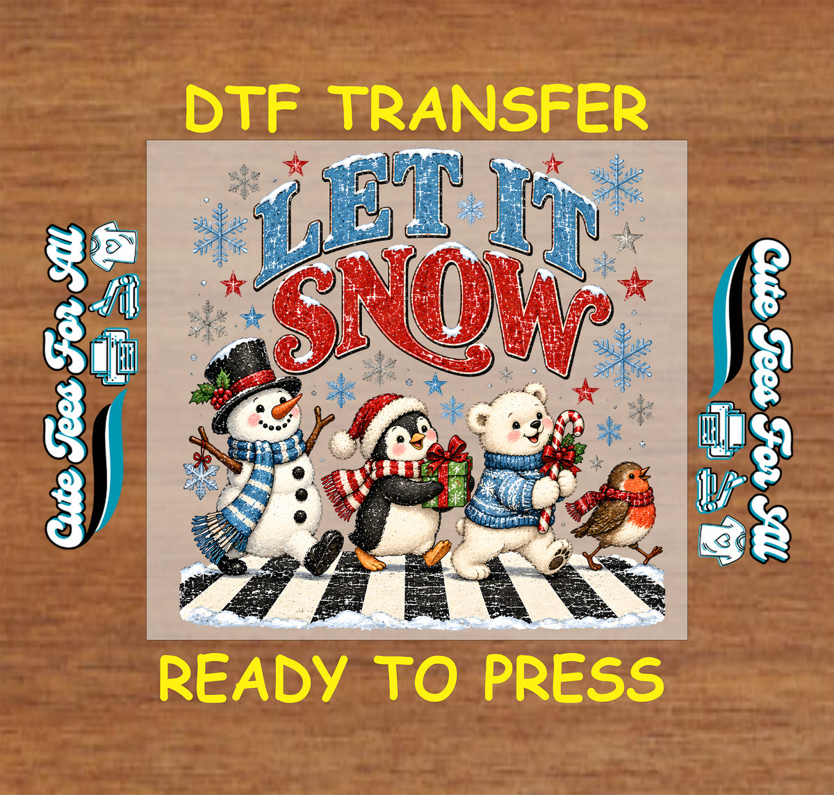 Let It Snow in distressed blue and red lettering above a snowman, penguin, polar bear, and bird on a snowy striped path, surrounded by snowflakes and stars.