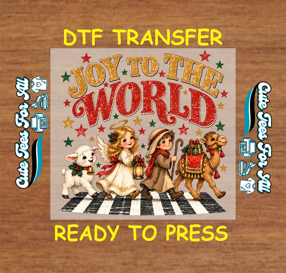 Joy to the World in distressed gold and red lettering with colorful stars above a lamb, angel with a lantern, shepherd, and camel on a striped path.