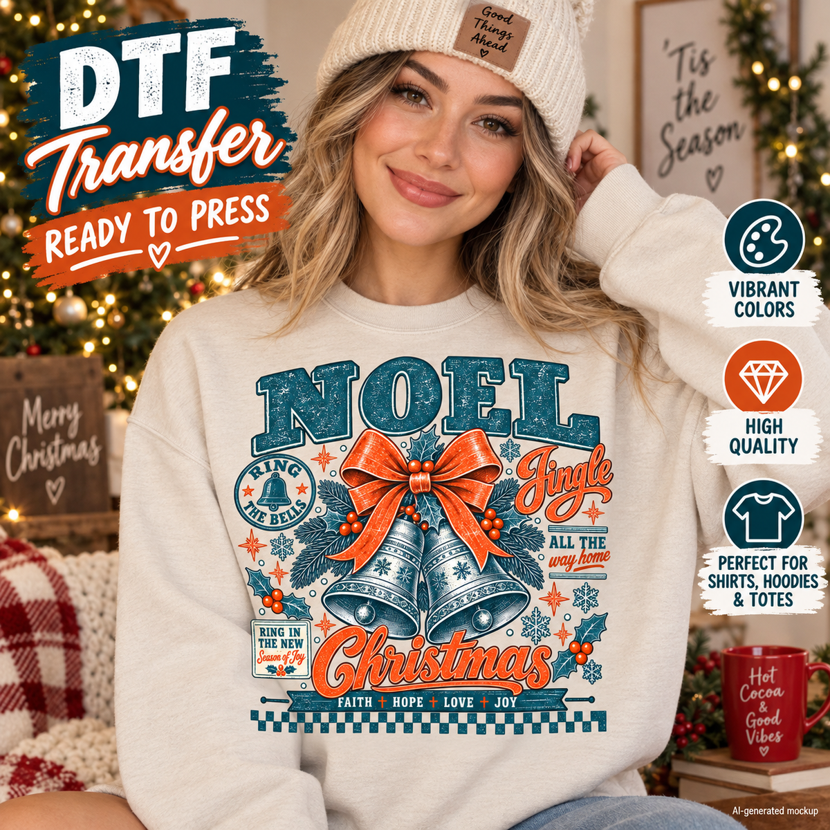 AI-generated mockup of a woman wearing a cream sweatshirt with a teal and orange Noel Christmas design featuring bells, a bow, and holiday greenery.