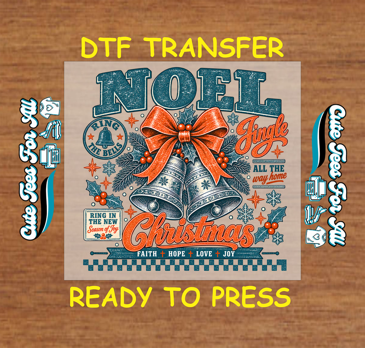 Teal Noel lettering above two patterned bells and an orange bow, surrounded by holly, snowflakes, Christmas script, and a checkerboard border.