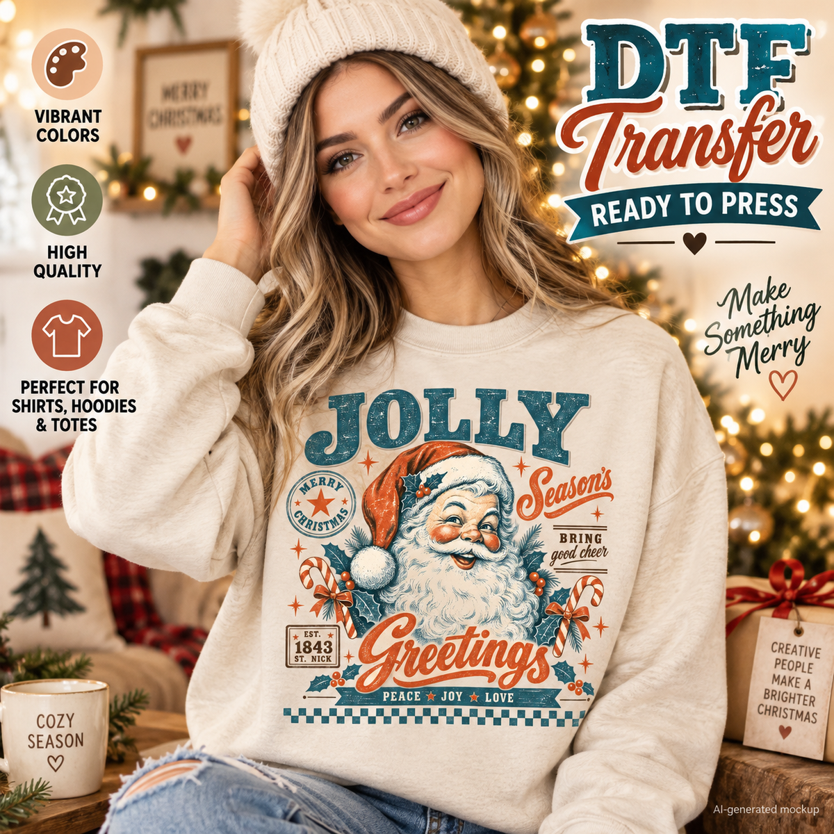 A woman wearing a cream-colored DTF transfer sweatshirt with a festive Christmas graphic featuring Santa Claus and the text 'Jolly Season's Greetings'. The background shows a cozy, blurred Christmas tree with lights.