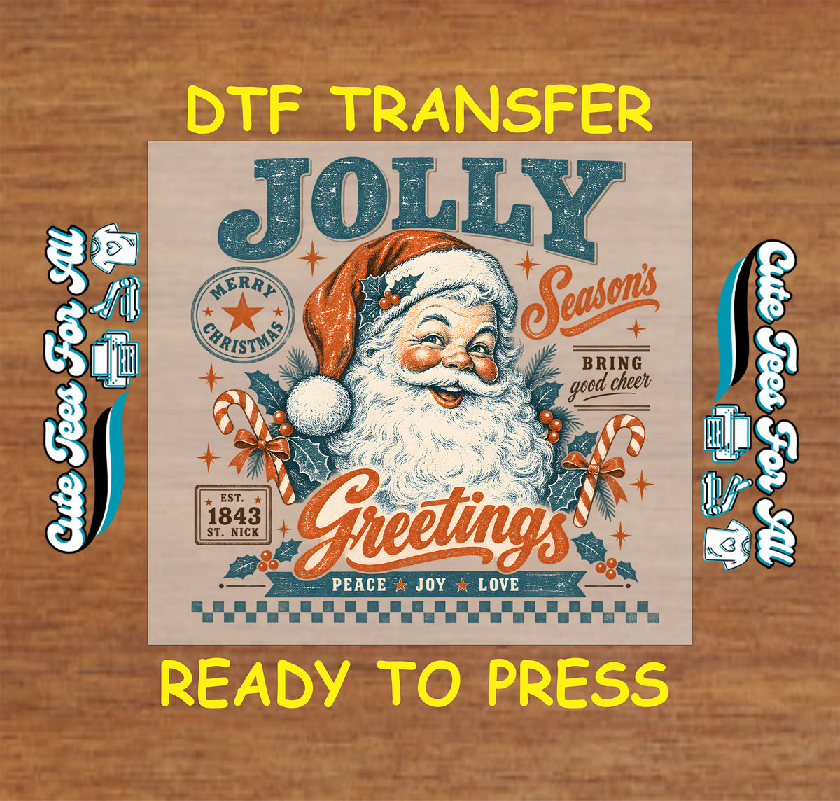 Vintage Santa collage with teal Jolly lettering, rust-orange Greetings script, candy canes, holly, stars, and a Peace Joy Love banner above a checkerboard border.