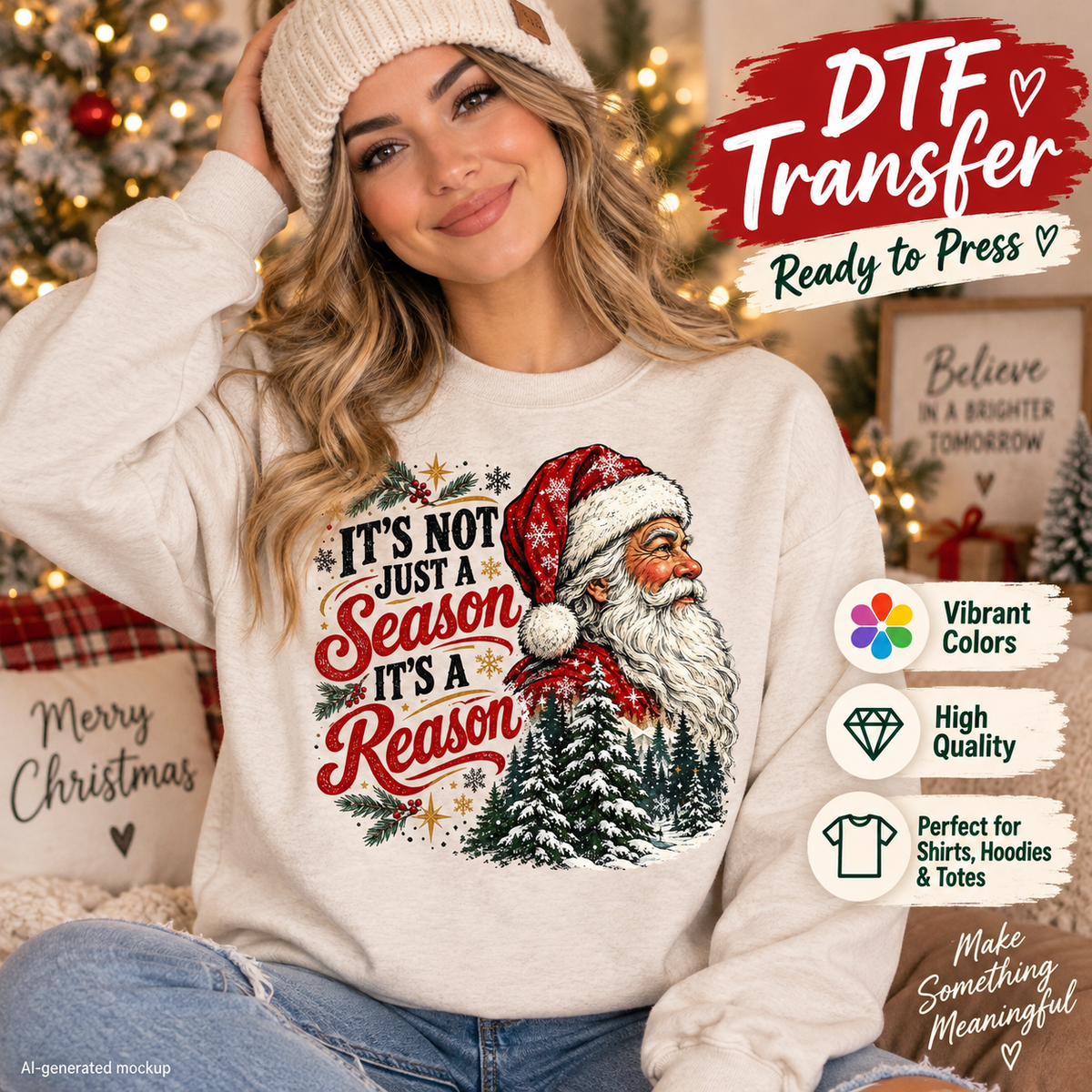 AI-generated mockup of a woman wearing a cream sweatshirt with a Santa portrait, snowy trees, and “It’s not just a season, it’s a reason” lettering.