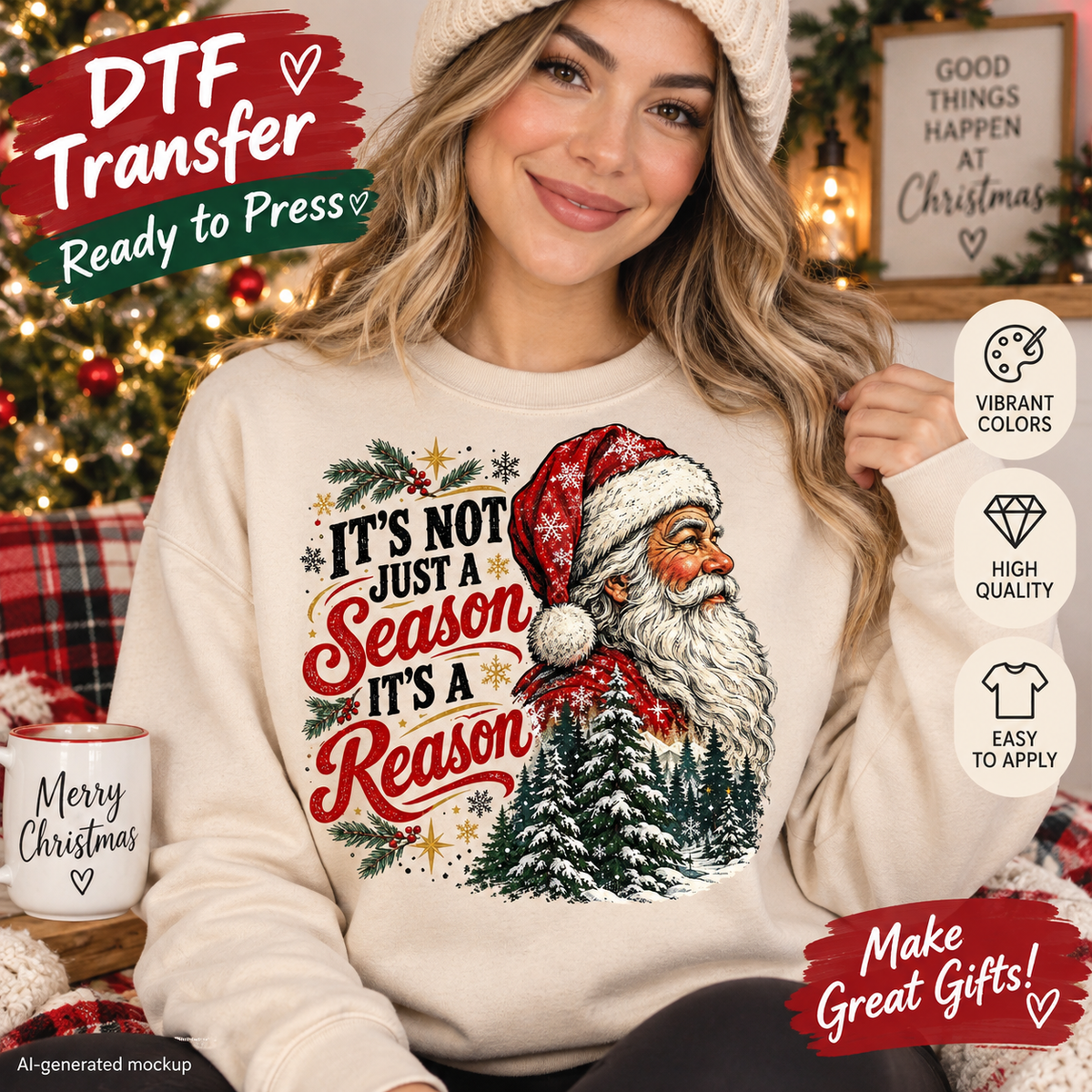 AI-generated mockup of a woman wearing a cream sweatshirt with a Santa portrait, snowy forest, and “It’s not just a season, it’s a reason” lettering.