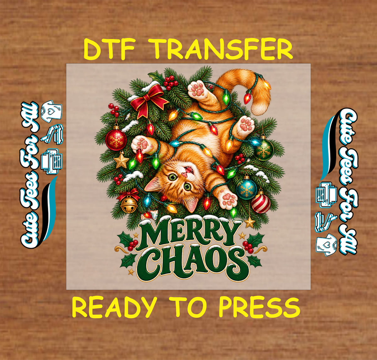 Upside-down orange tabby tangled in colorful Christmas lights among evergreen branches, ornaments, and holly above green Merry Chaos lettering.