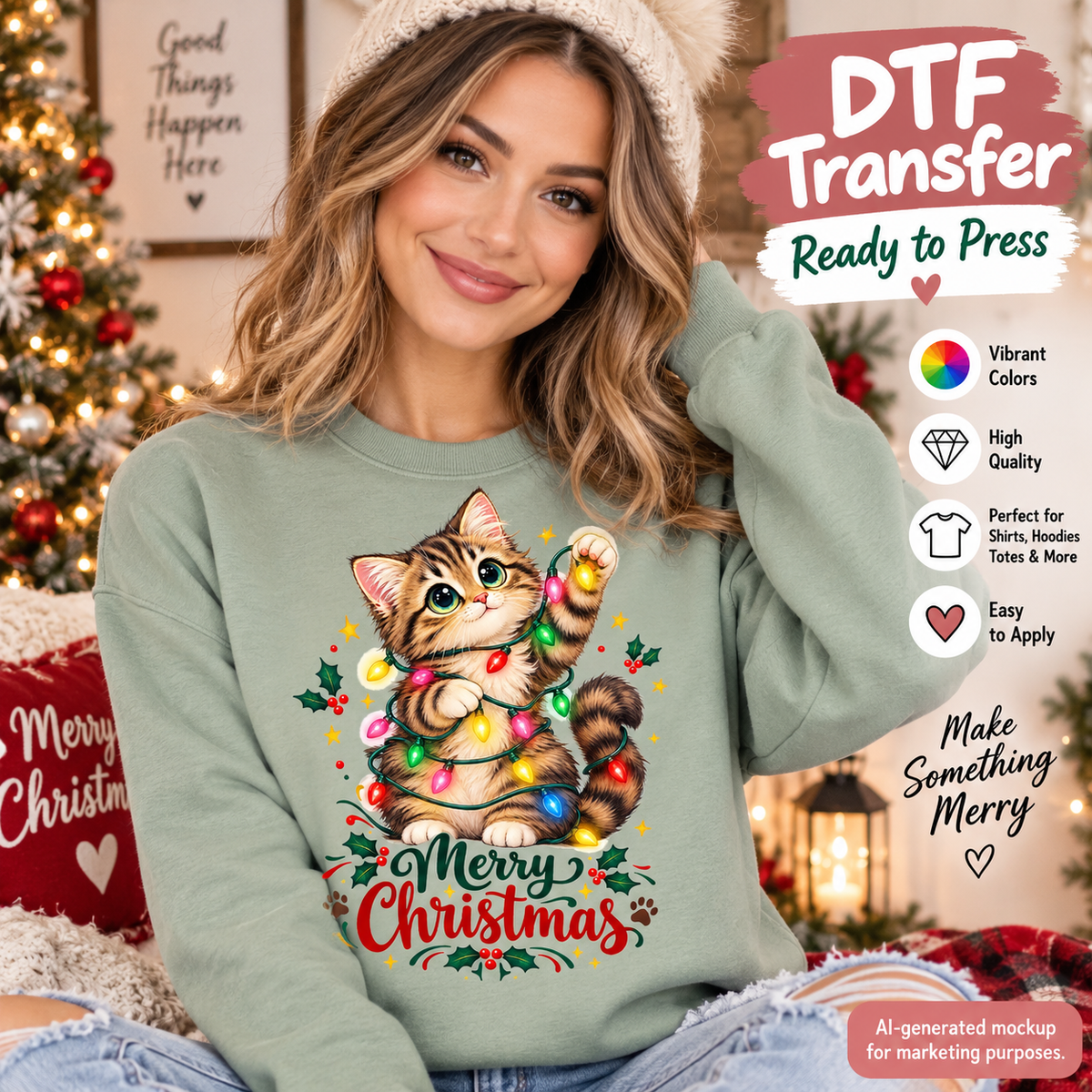 AI-generated mockup of a woman wearing a sage green sweatshirt featuring a tabby kitten wrapped in colorful lights above Merry Christmas lettering.