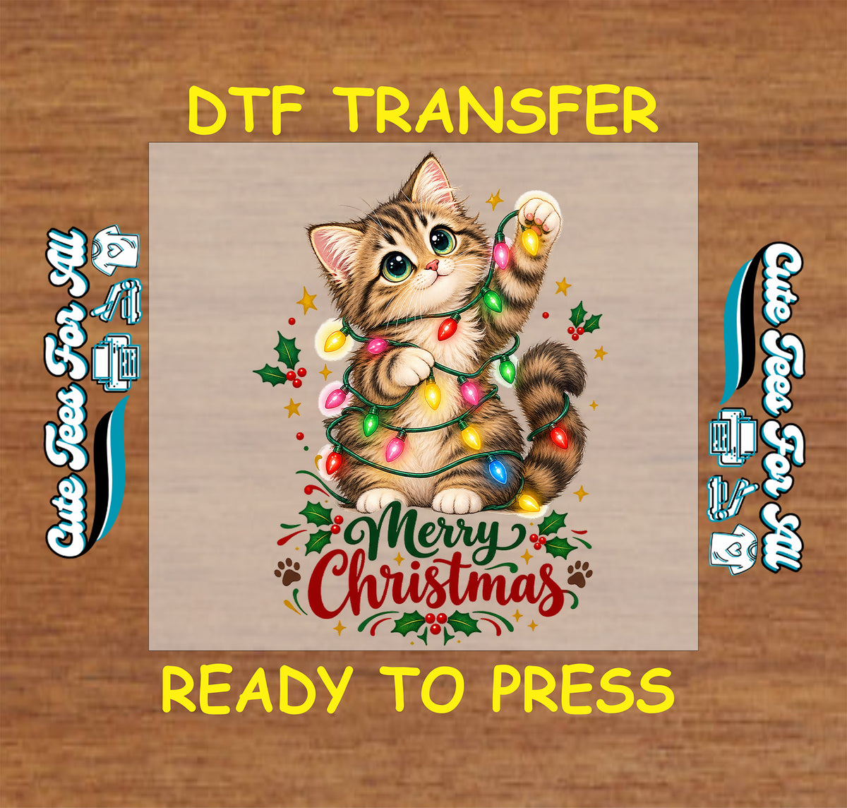 Tabby kitten wrapped in multicolored Christmas lights above red and green Merry Christmas script, surrounded by holly, stars, and paw prints.