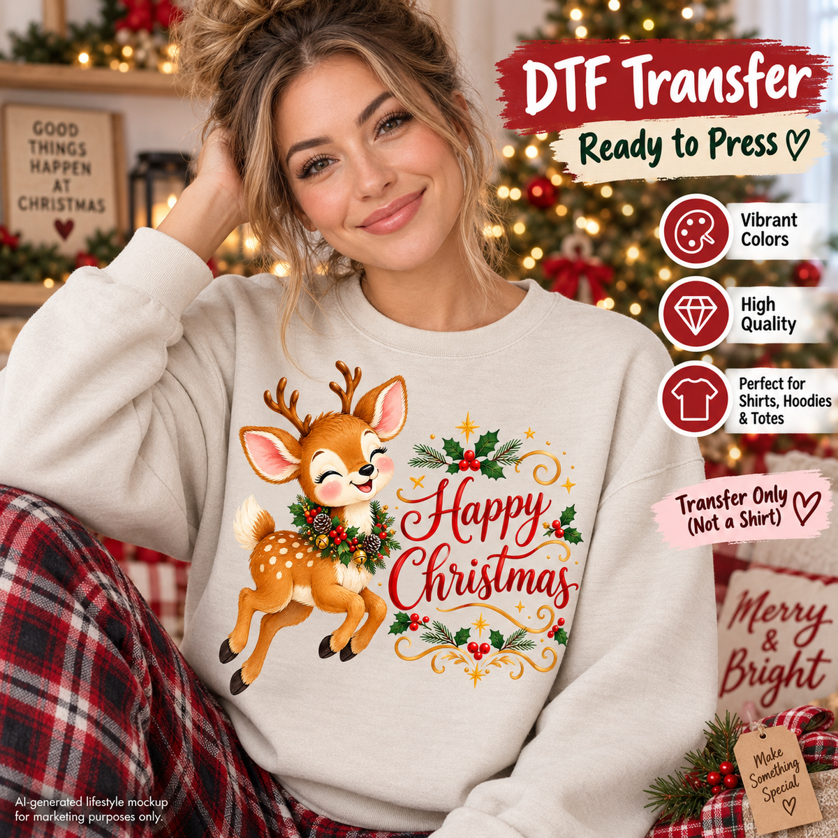 A woman wearing a cream-colored sweatshirt with a festive Christmas graphic of a brown deer and 'Happy Christmas' text, posed in front of a decorated Christmas tree. Promotional text overlays highlight the DTF transfer product features.