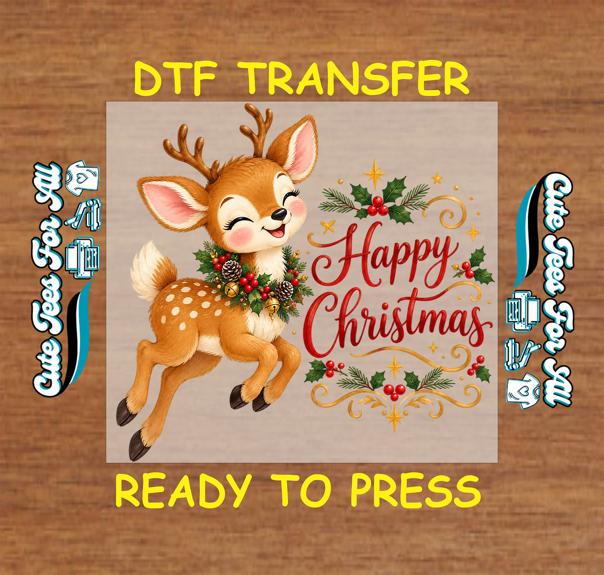 Leaping reindeer wearing an evergreen collar beside red Happy Christmas lettering, surrounded by holly, berries, gold stars, and flourishes.