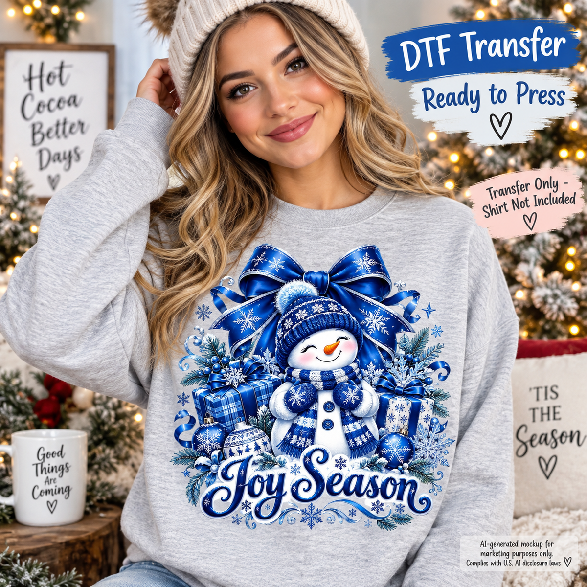 AI-generated mockup of a woman wearing a heather gray sweatshirt with a blue snowman, snowflake bow, gifts, and Joy Season lettering.
