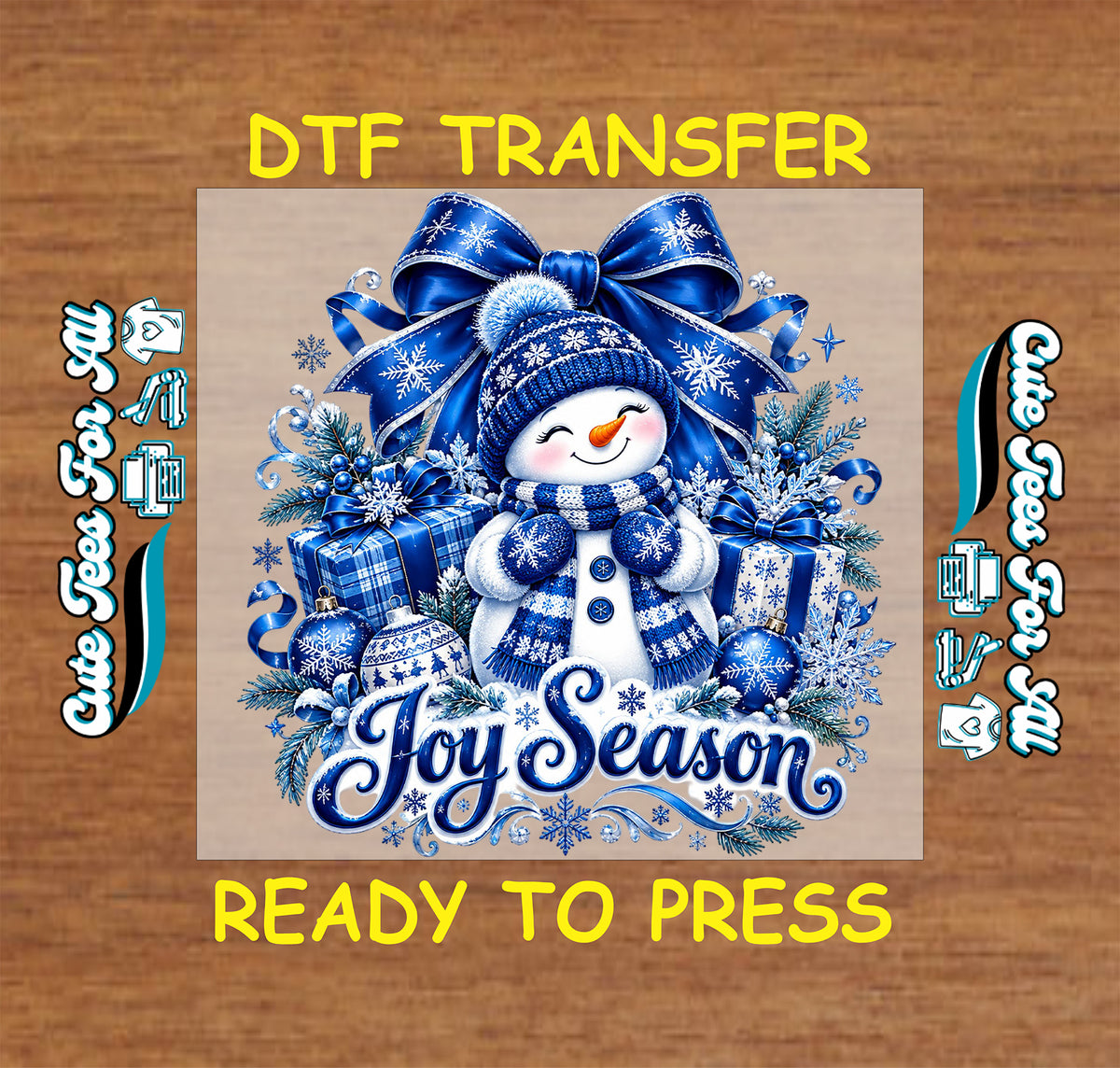 Smiling snowman in blue winter accessories beneath a snowflake bow, surrounded by gifts, ornaments, evergreen branches, and Joy Season script.