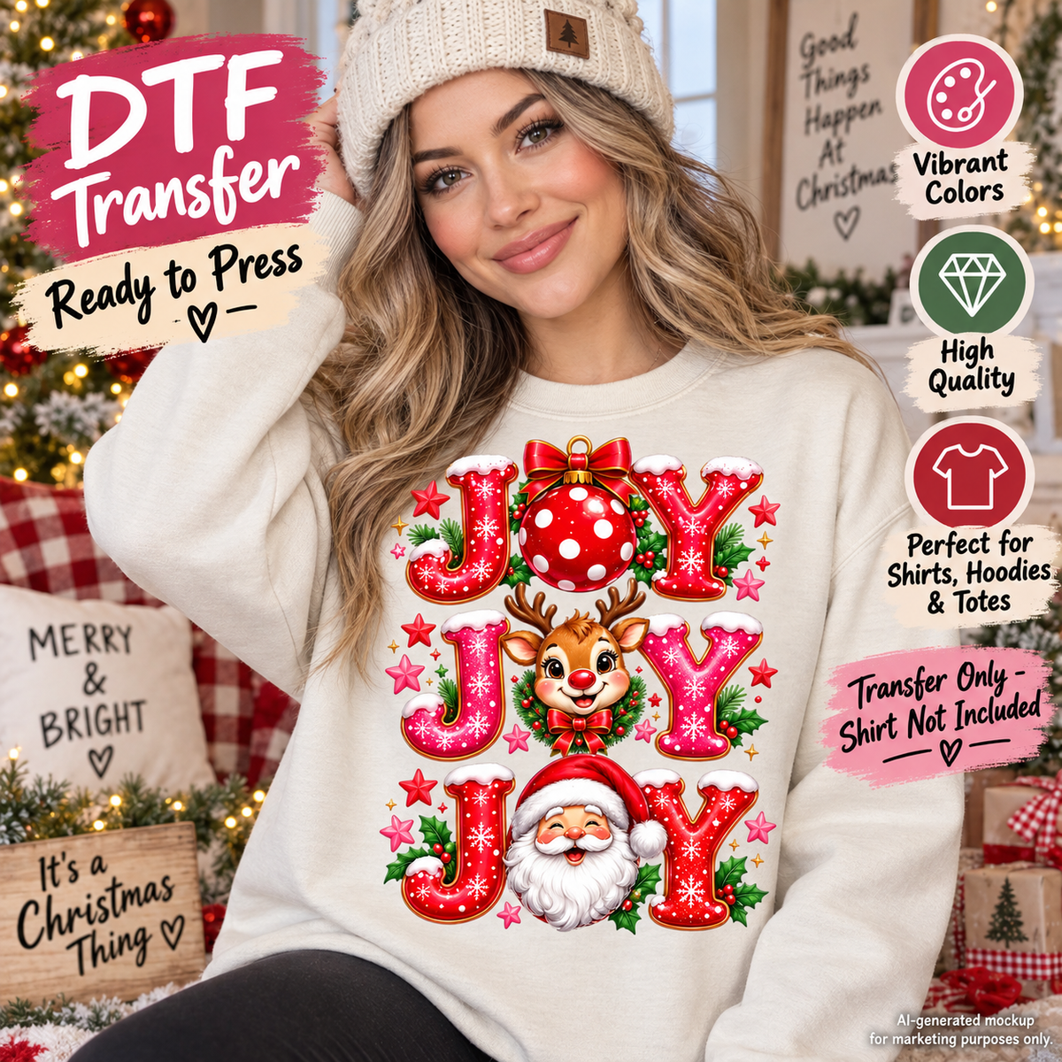 AI-generated mockup of a woman wearing a cream sweatshirt with stacked Joy lettering featuring a Christmas ornament, reindeer, and Santa.