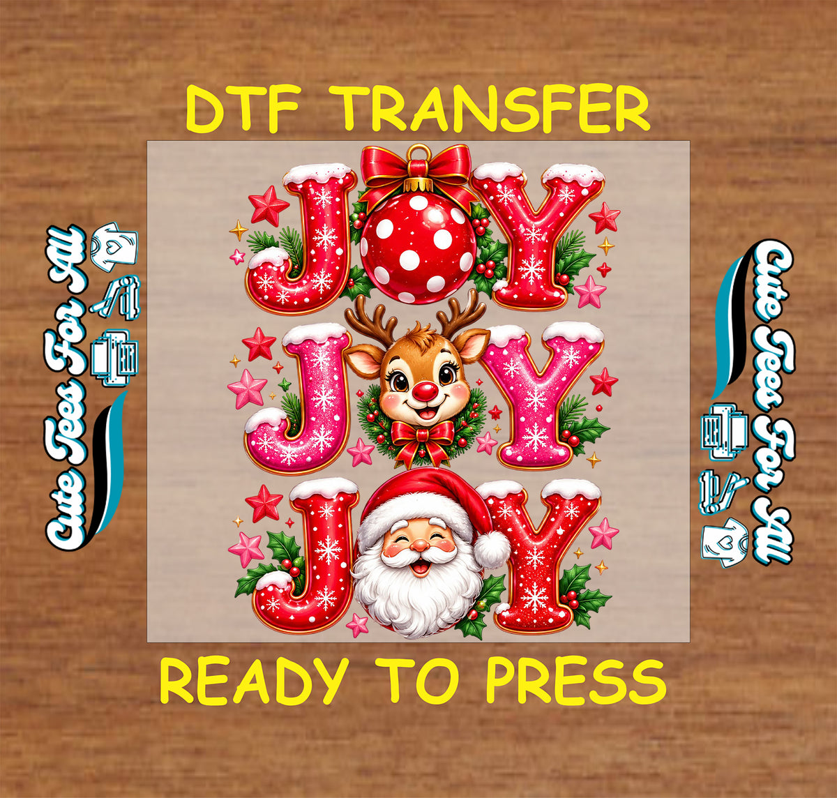 Three stacked Joy rows in snowy red and pink lettering, with an ornament, reindeer, and Santa replacing the O’s, surrounded by holly and stars.