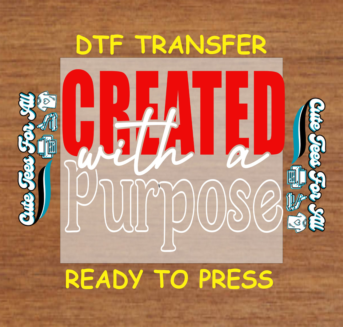 Created with a Purpose typography design featuring bold red uppercase letters, white handwritten script, and large white outlined lettering.