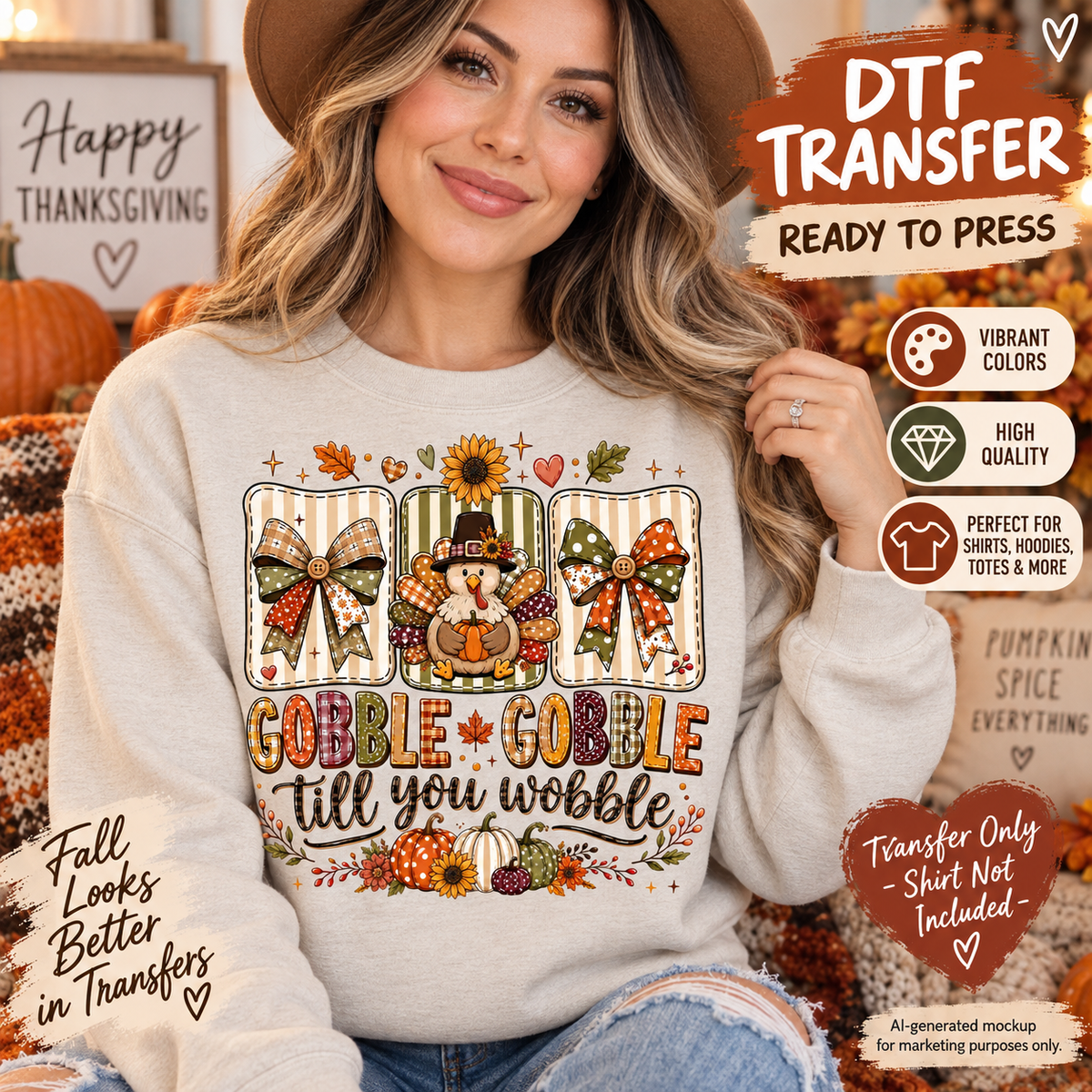 A woman wearing a light beige sweatshirt with a Thanksgiving-themed graphic print featuring three striped bow designs, a snowman, pumpkins, and the text 'GOBBLE GOBBLE till you wobble'. The image includes promotional text overlays for a DTF transfer service.