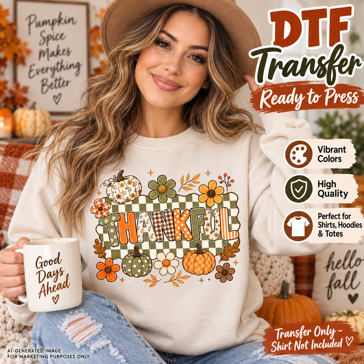 AI-generated mockup of a woman wearing a cream sweatshirt with patterned Thankful lettering, an olive checkerboard, pumpkins, and fall flowers.
