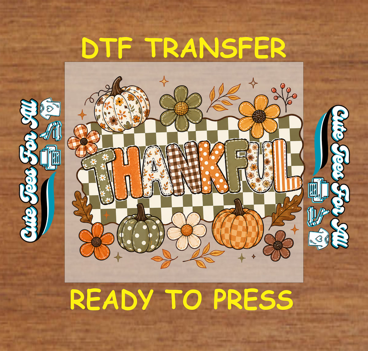 Patterned Thankful lettering over an olive and cream checkerboard, surrounded by decorative pumpkins, retro flowers, autumn leaves, and stars.
