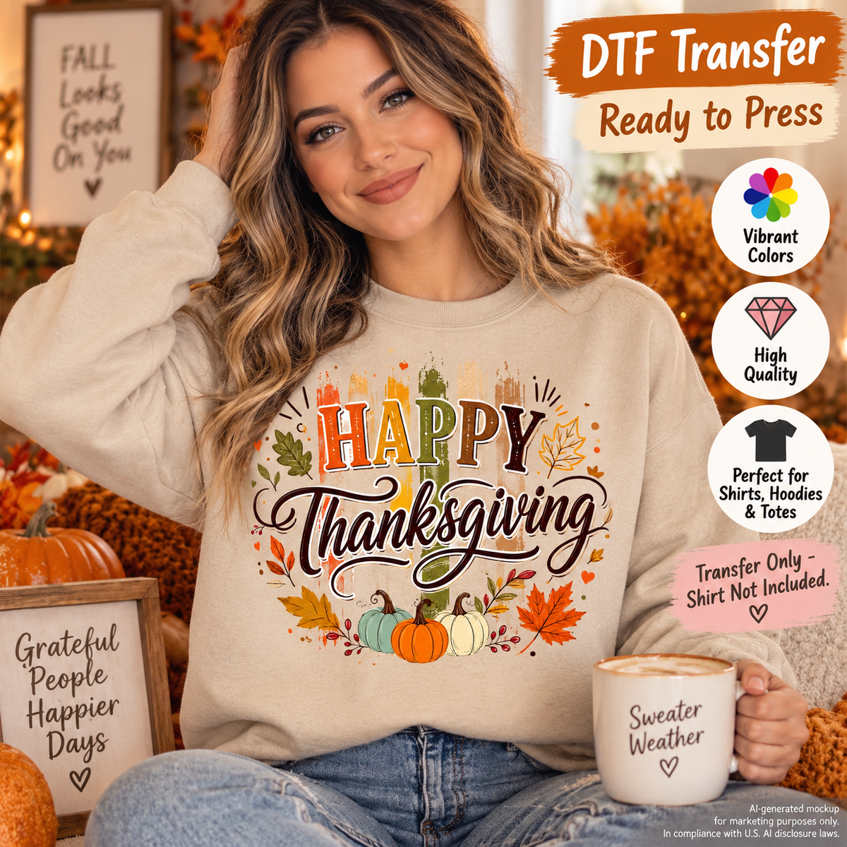 A woman sits cross-legged in a cozy fall-themed setting wearing a beige crewneck sweatshirt with a colorful 'Happy Thanksgiving' DTF transfer graphic. The graphic features autumn leaves, pumpkins, and a turkey.