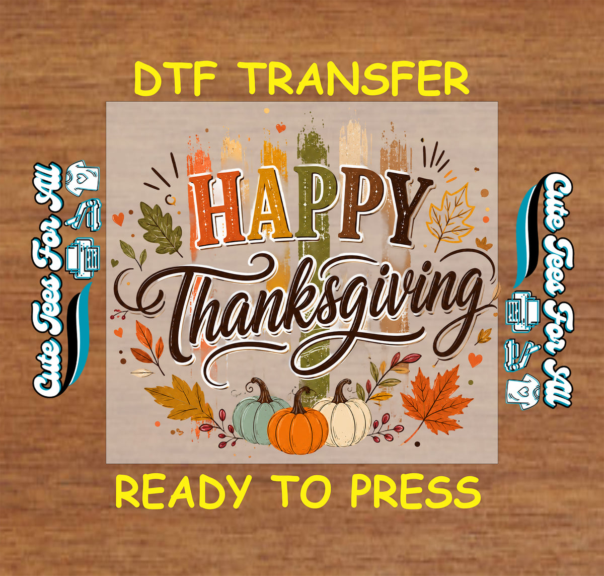 Happy Thanksgiving lettering over autumn-colored brushstrokes, with sage, orange, and cream pumpkins, fall leaves, berries, and tiny hearts.