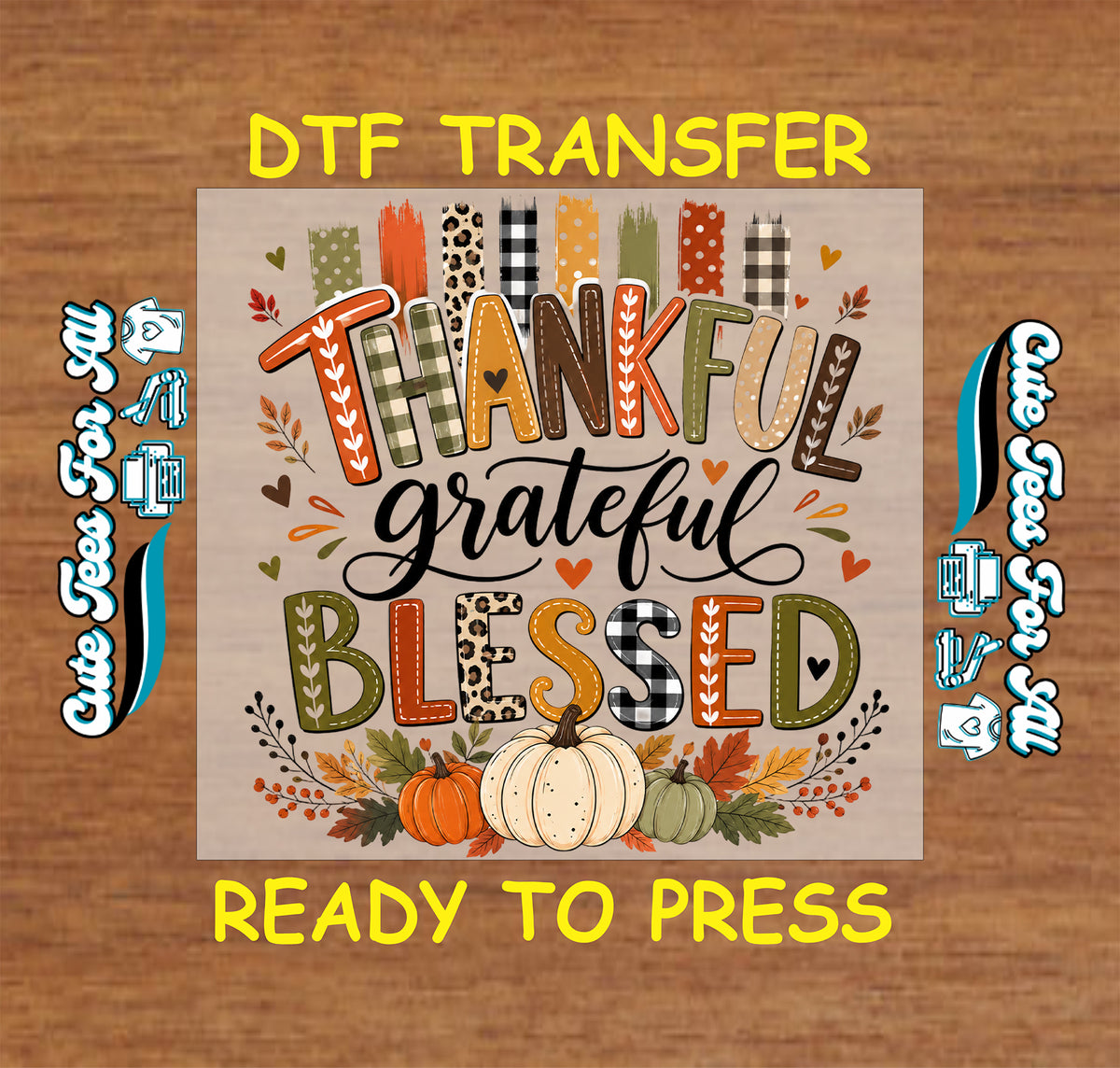 Thankful Grateful Blessed in patterned block letters and black script, with autumn brushstrokes, hearts, pumpkins, leaves, and berry sprigs.