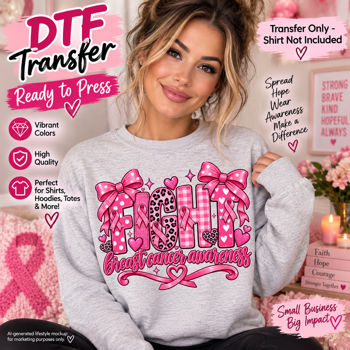 AI-generated mockup of a woman wearing a heather gray sweatshirt with pink Fight Breast Cancer Awareness lettering, bows, hearts, and ribbons.