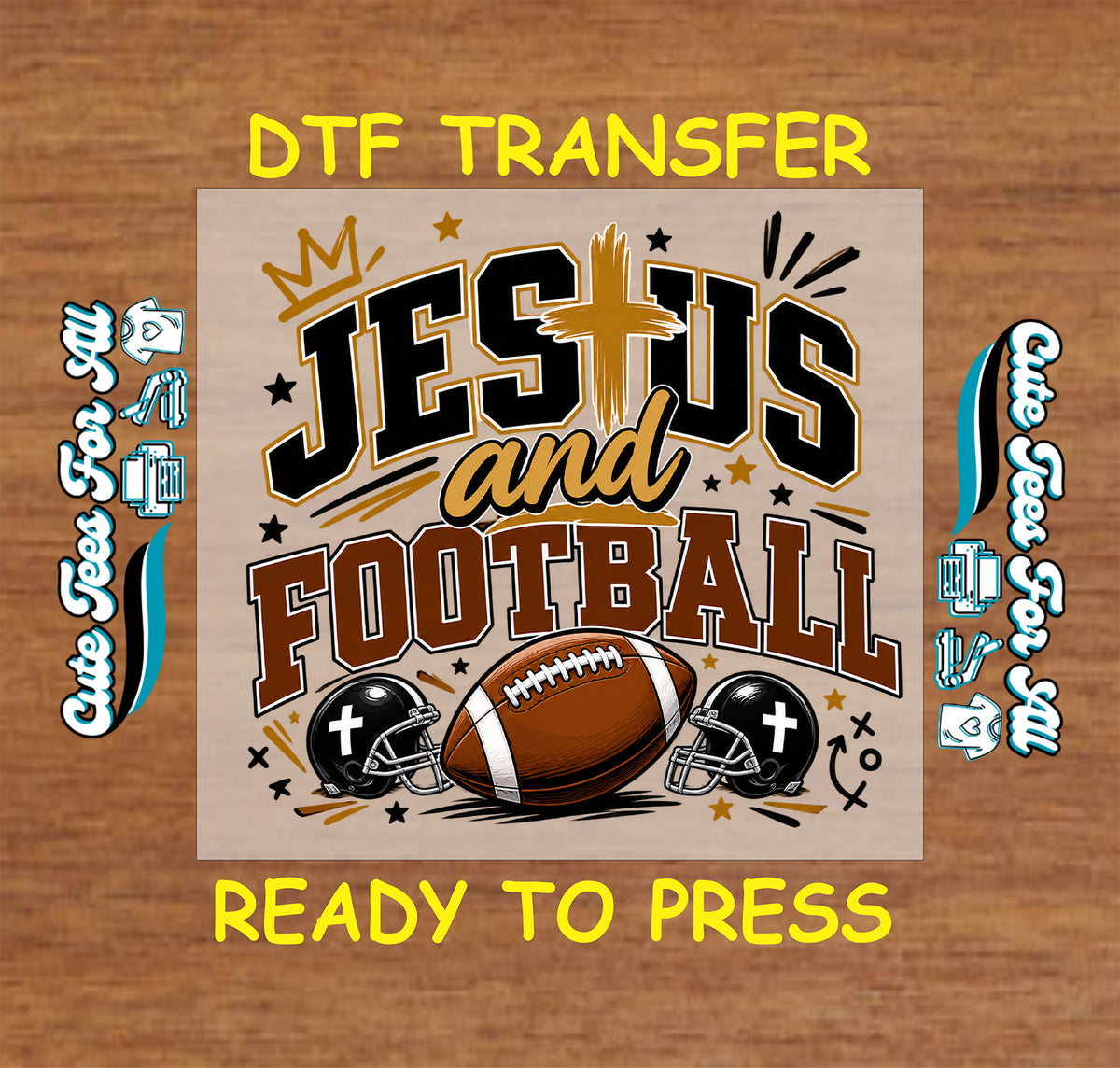 Jesus and Football varsity lettering in black, brown, and gold with a cross, crown, football, two cross-marked helmets, stars, and playbook symbols.