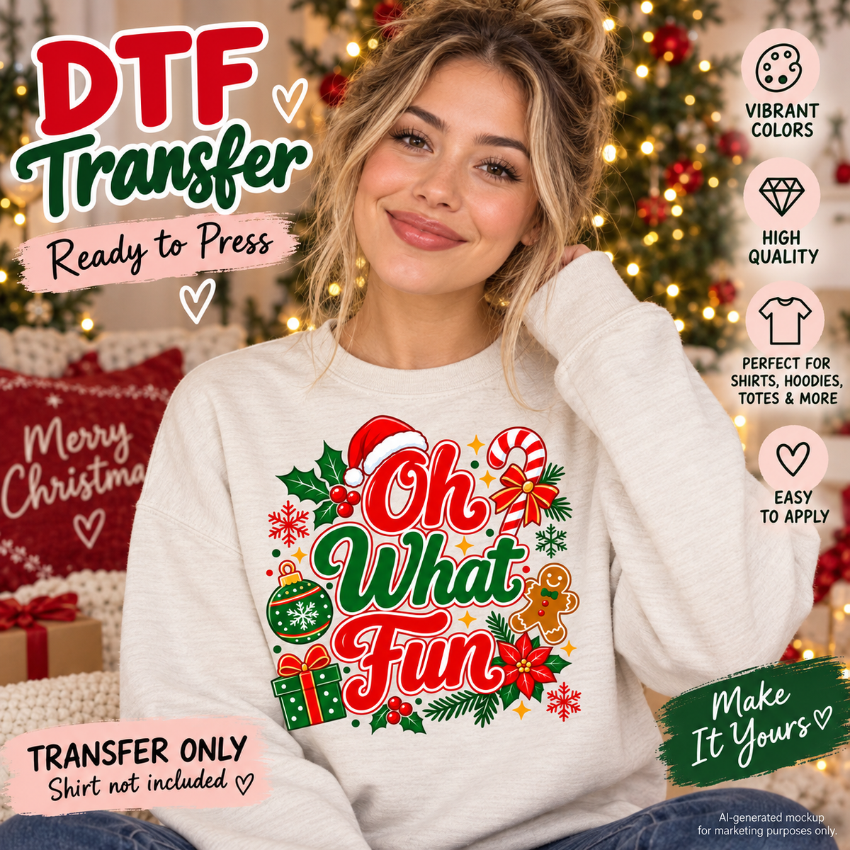 A woman wearing a cream-colored sweatshirt with a colorful 'Oh What Fun' Christmas graphic, posed in front of a festive, blurred Christmas tree background. Text overlays highlight the 'DTF Transfer' product features.