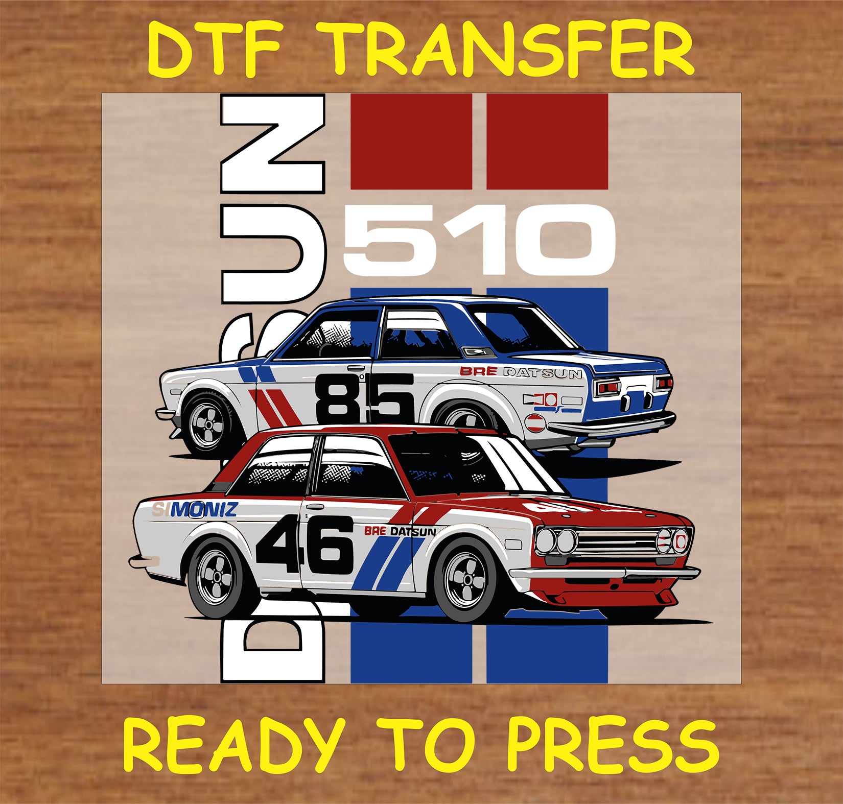 "Datsun 510 BRE Racing DTF Transfer featuring classic race cars in red, white, and blue"