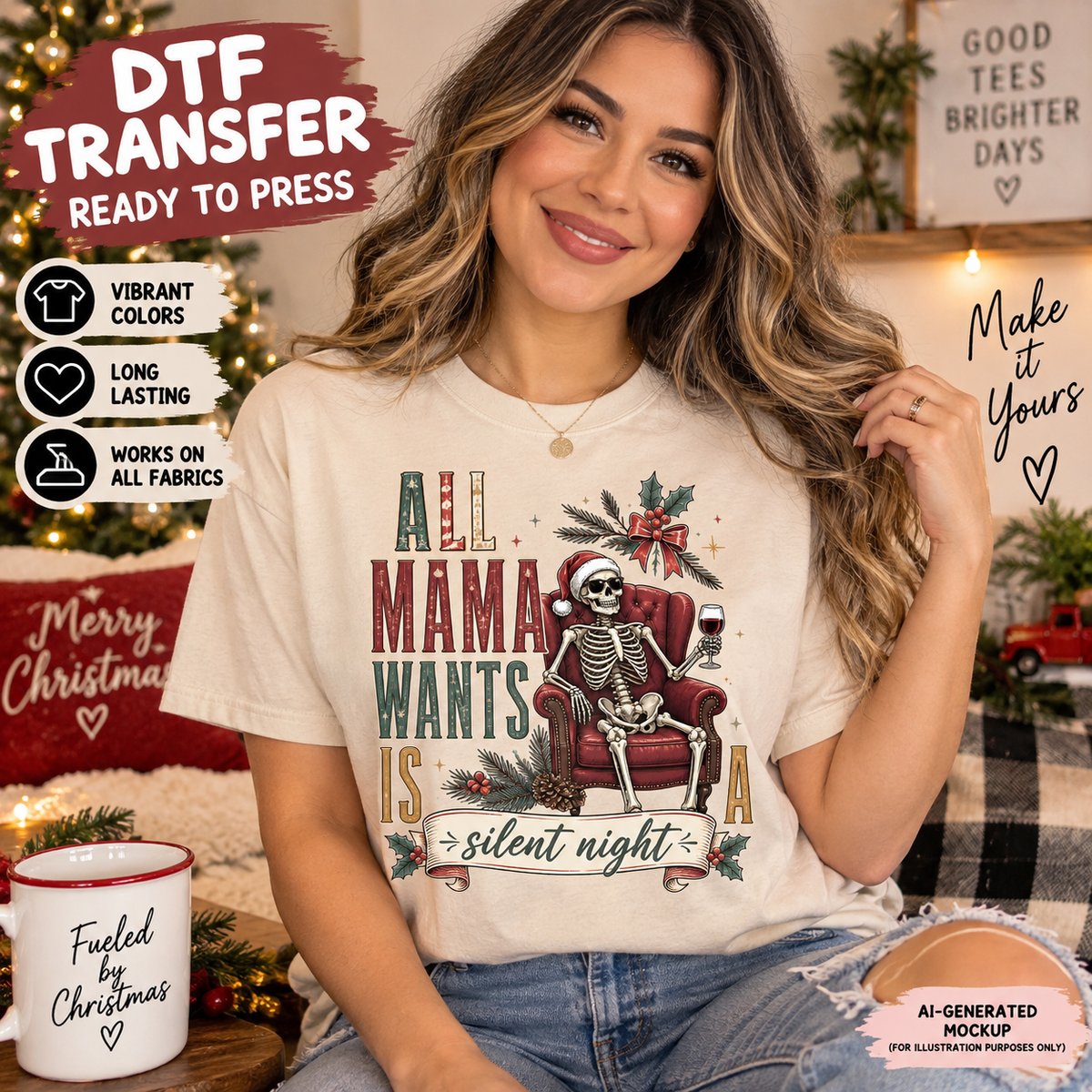 AI-generated mockup of a woman wearing a cream T-shirt with All Mama Wants Is a Silent Night lettering and a seated skeleton holding wine.