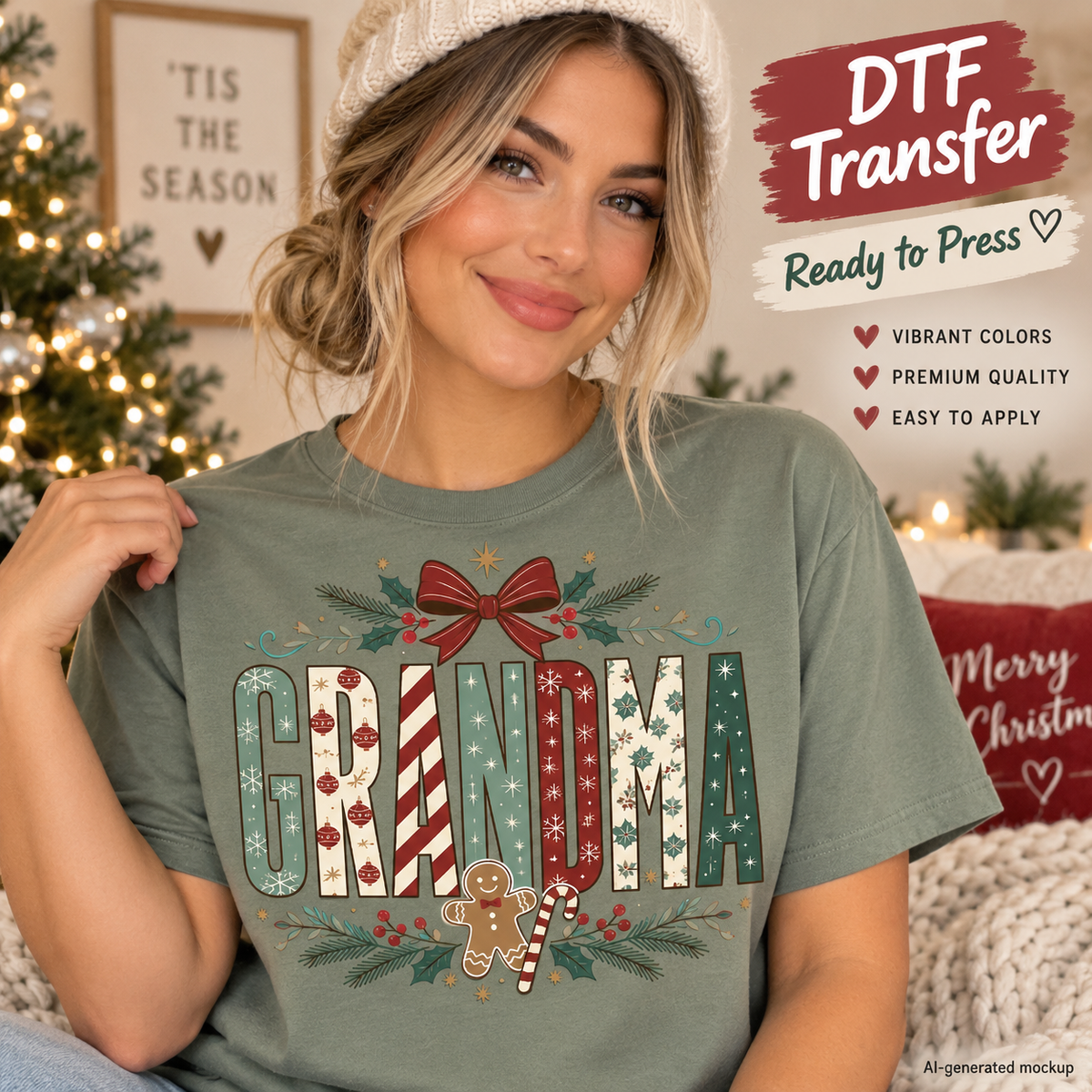 AI-generated mockup of a woman wearing a sage green T-shirt with patterned Grandma lettering, a burgundy bow, gingerbread, and Christmas greenery.