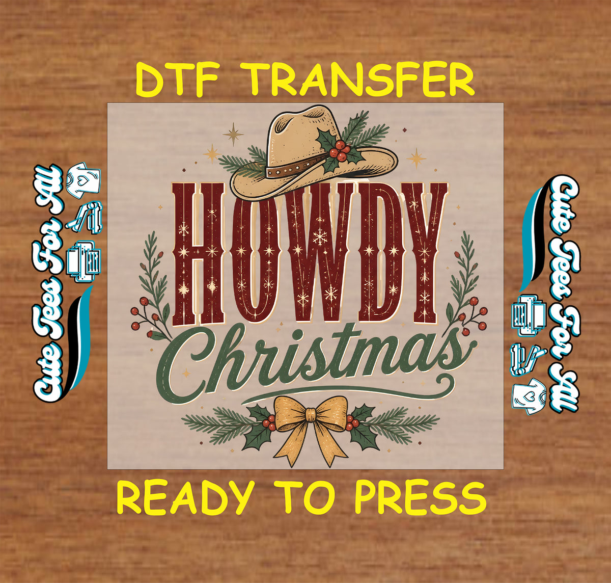 Howdy Christmas western design with burgundy and green lettering, a tan cowboy hat, golden bow, evergreen branches, holly, berries, and stars.