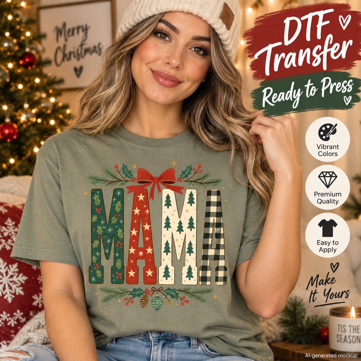 A woman wearing a holiday-themed olive green t-shirt with a 'MAMA' DTF transfer graphic, posed in a cozy living room setting with a Christmas tree in the background. The graphic features festive patterns in red, green, black, and white.
