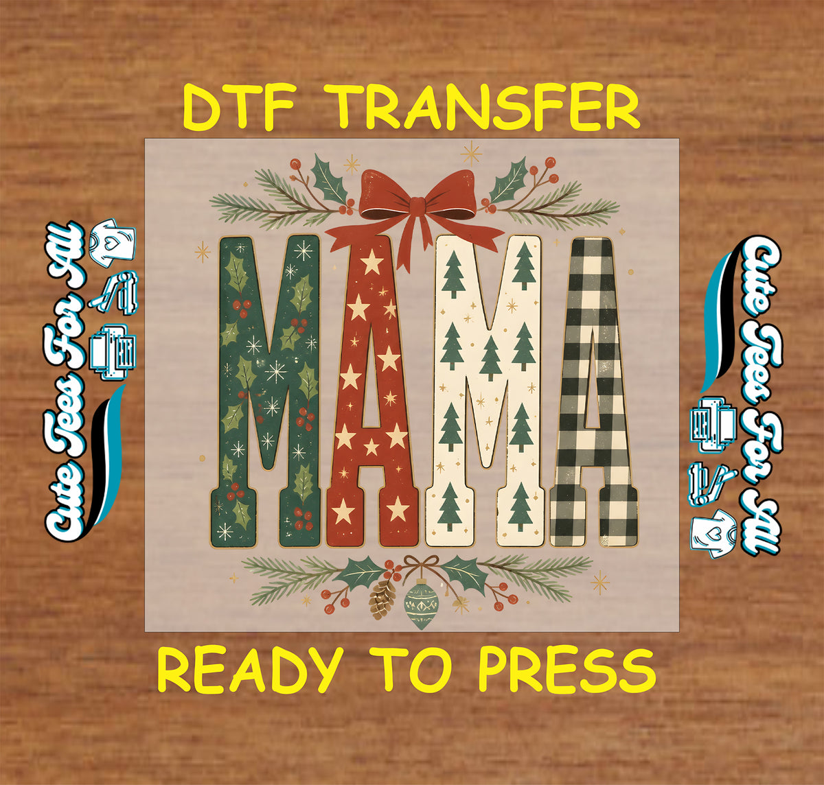 AI-generated mockup of a woman wearing a sage green T-shirt with patterned Mama Christmas lettering, a red bow, and evergreen accents.