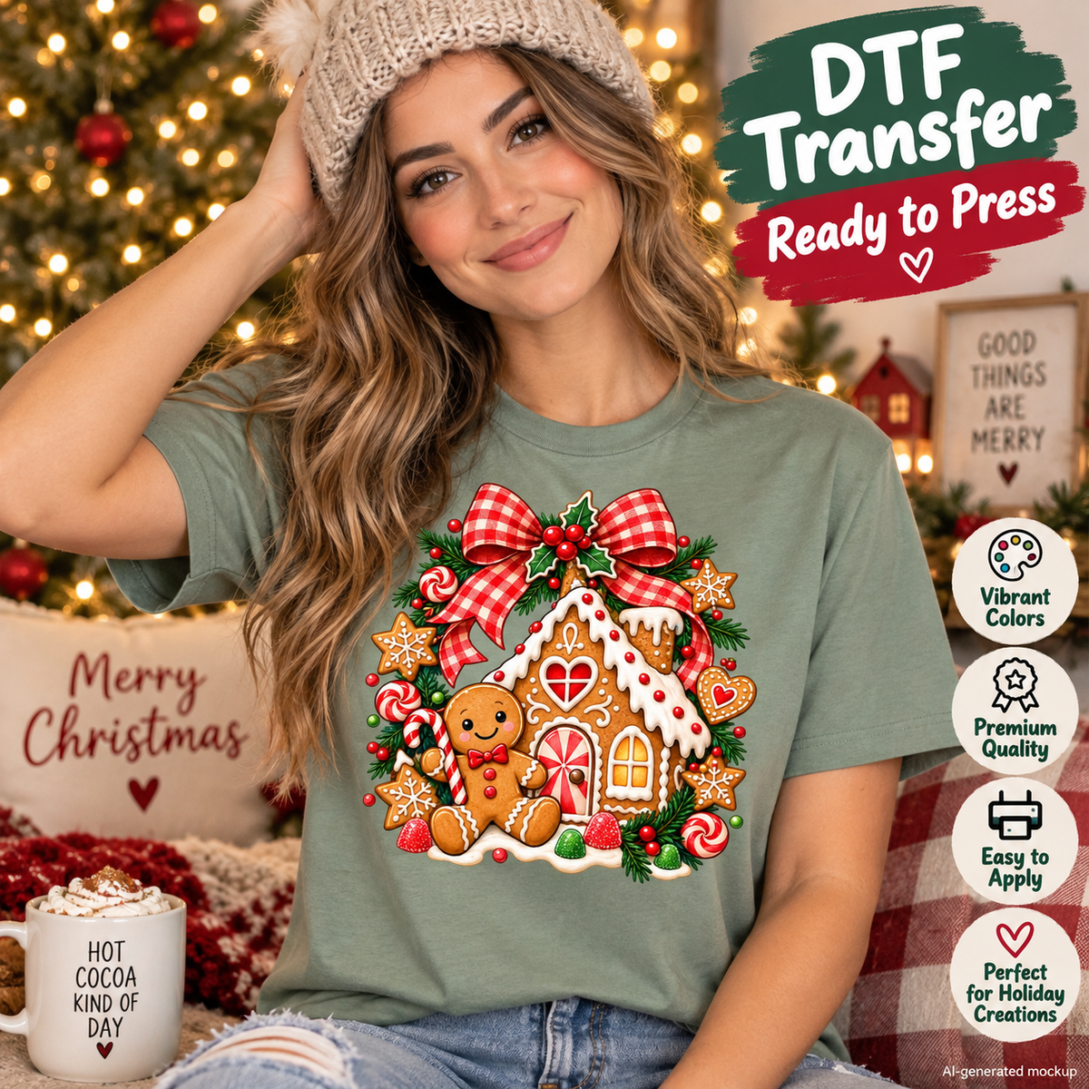 A woman wearing a festive holiday-themed DTF transfer graphic t-shirt, styled with a knit beanie in a cozy Christmas-themed room. The graphic features a gingerbread house, candy canes, and a gingerbread man surrounded by a red and white checkered bow.