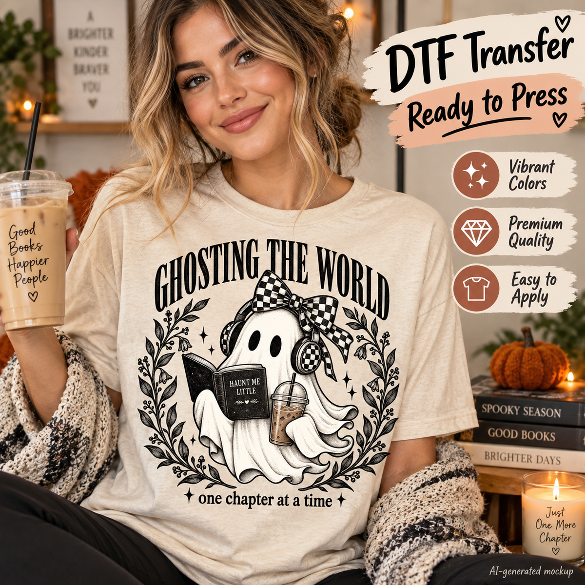 A woman wearing a cream-colored graphic t-shirt with a black and white ghost illustration holding a book and coffee cup, surrounded by cozy fall props. Text overlays on the right describe the product as a DTF transfer ready to press.