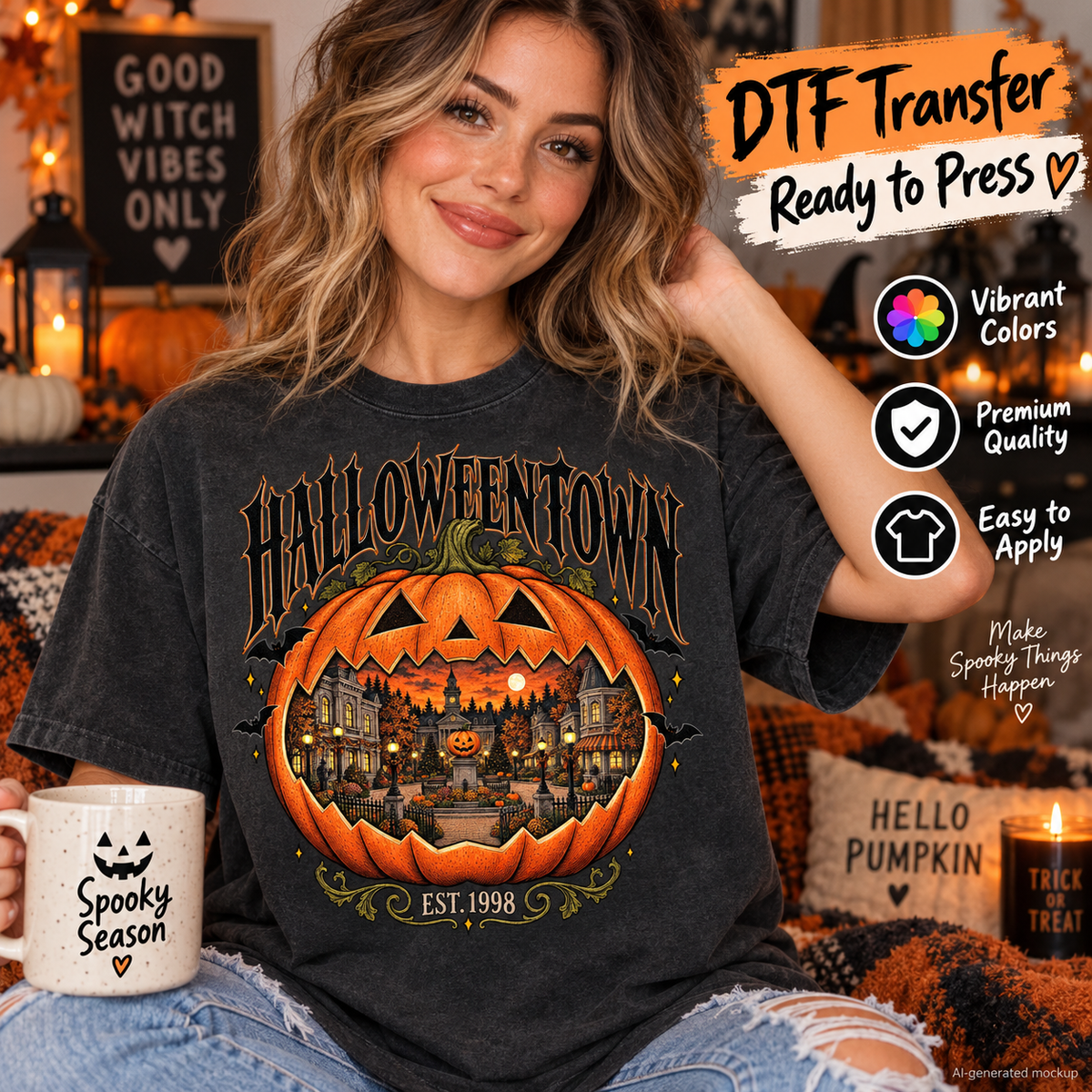 A woman wearing a dark charcoal gray t-shirt with a 'Halloween Town' pumpkin graphic, holding a white mug that says 'Spooky Season'. The image features promotional text overlays for a 'DTF Transfer' and includes cozy, warmly lit background elements like a 'Good Witch Vibes Only' sign and a 'Hello Pumpkin' pillow.