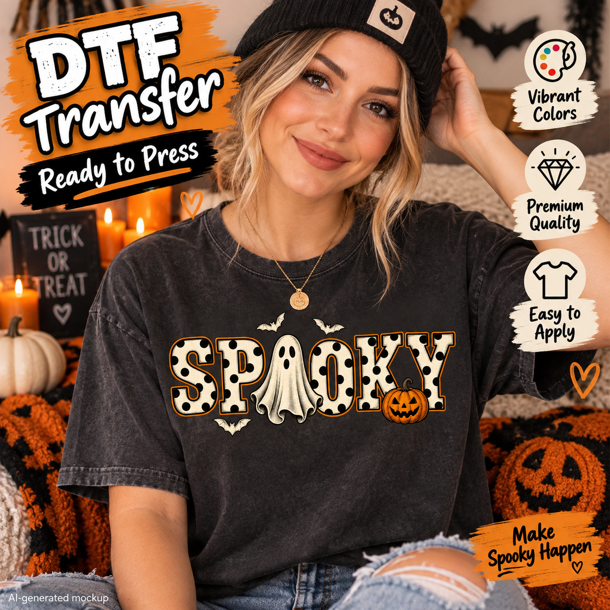 A woman wearing a black beanie and a distressed black t-shirt with a 'Spooky' Halloween graphic, posed in a cozy, decorated Halloween-themed room with pumpkins and candles. The image includes promotional text overlays for a DTF transfer product.