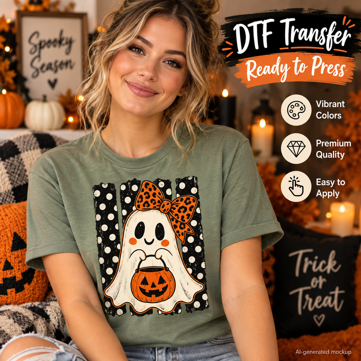 A woman wearing a sage green t-shirt with a Halloween ghost graphic, posed in a cozy, decorated autumn room. The graphic features a smiling ghost holding an orange jack-o'-lantern, set against black and white polka dot stripes with a leopard print bow.